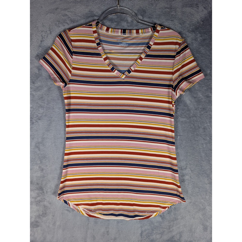 No Boundaries Womens Multi-Stripe V-Neck Short Sleeve T-Shirt Size Medium 7-9